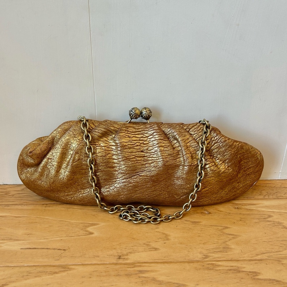 Franchi Leather Clutch Shoulder Bag Gold with Metal Chain Kiss Lock Closure
